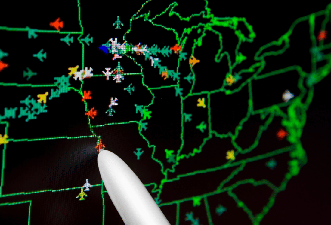 A graphic of various aircrafts moving around an area, to show when EVCS is needed in air traffic control.